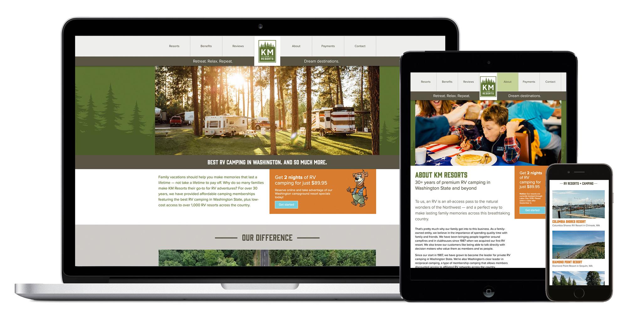 KM Resorts website layout on desktop, tablet, and mobile devices