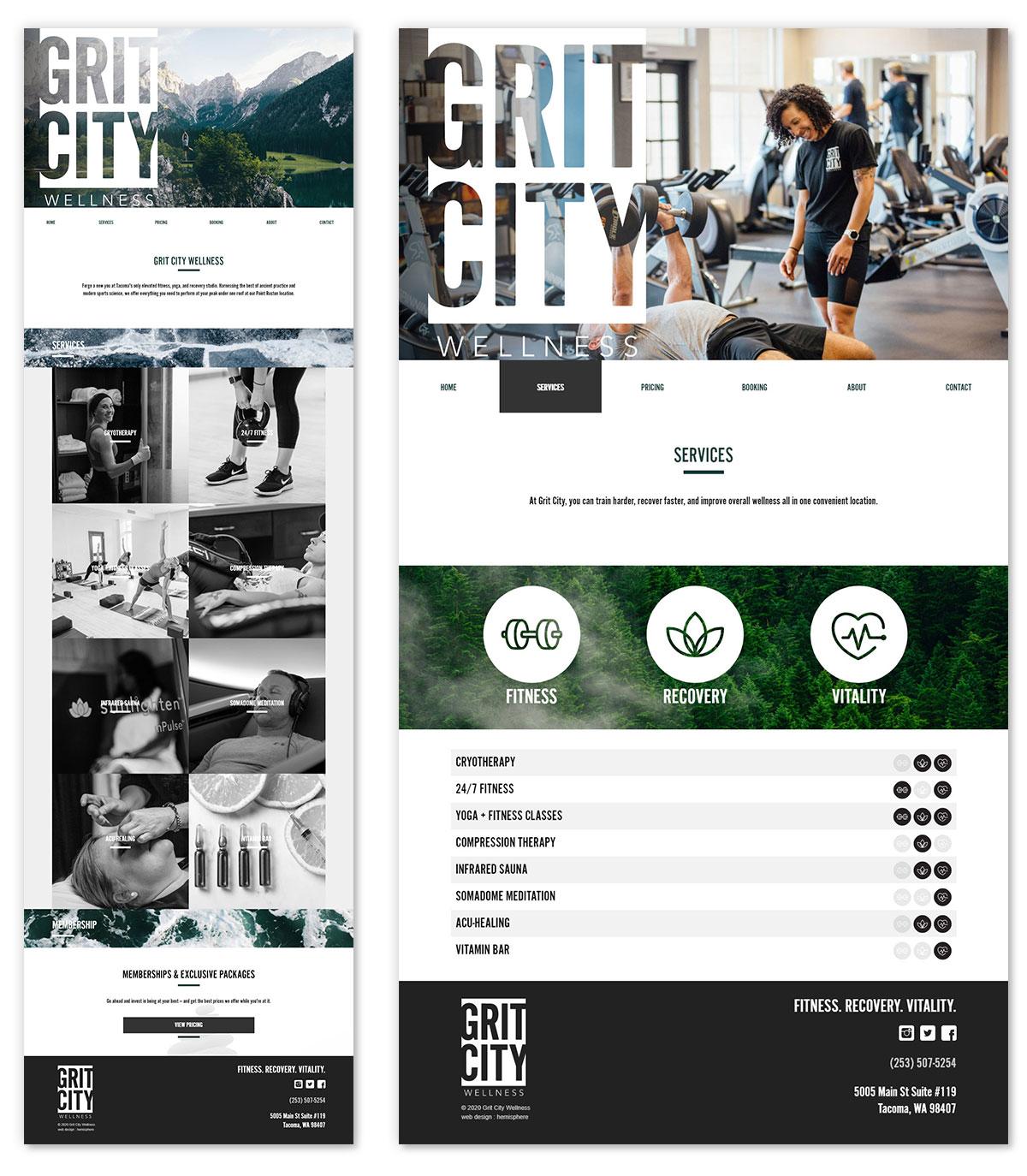 Grit City Wellness home page and Services page