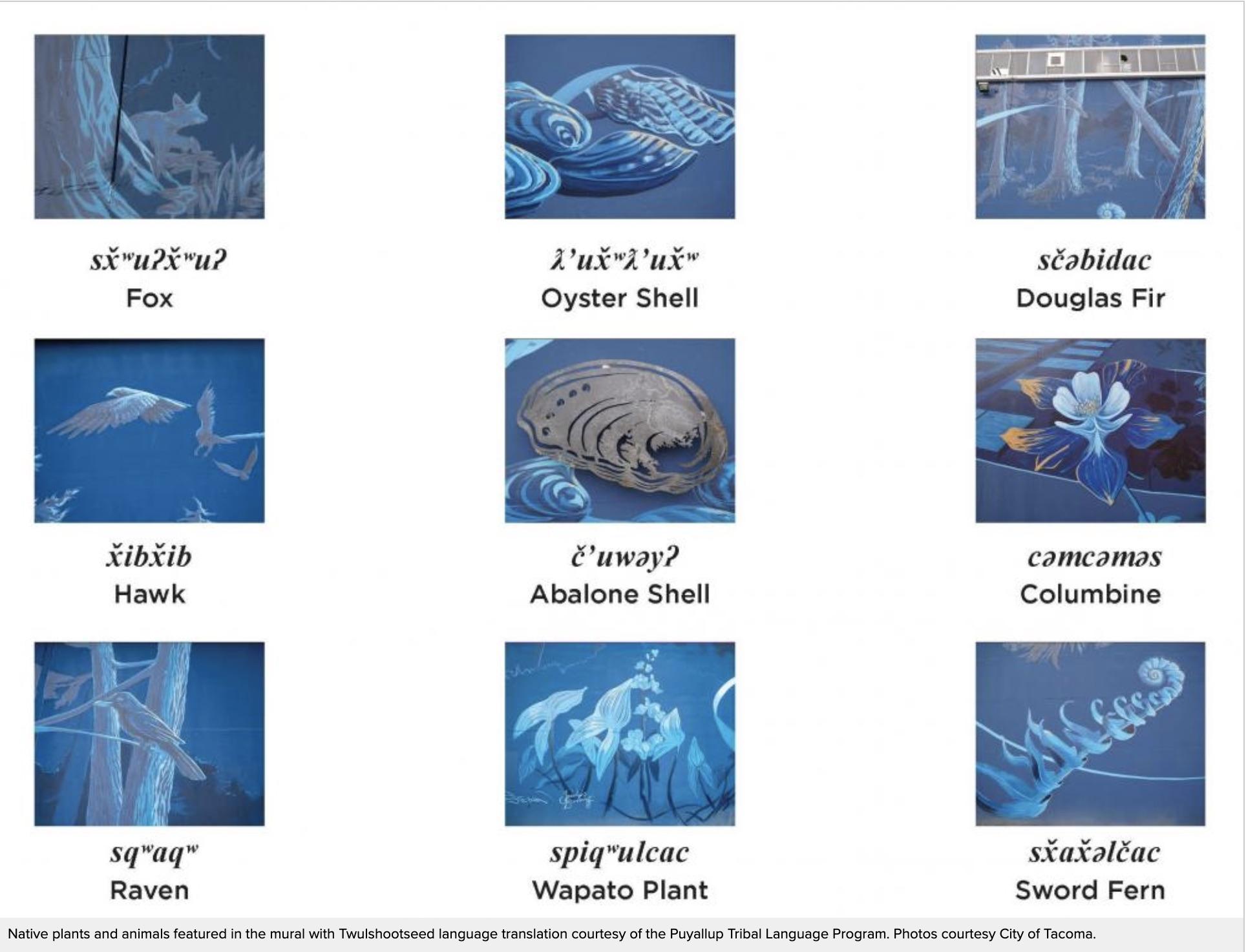 A series of thumbnail images depicting and explaining elements from a large mural.