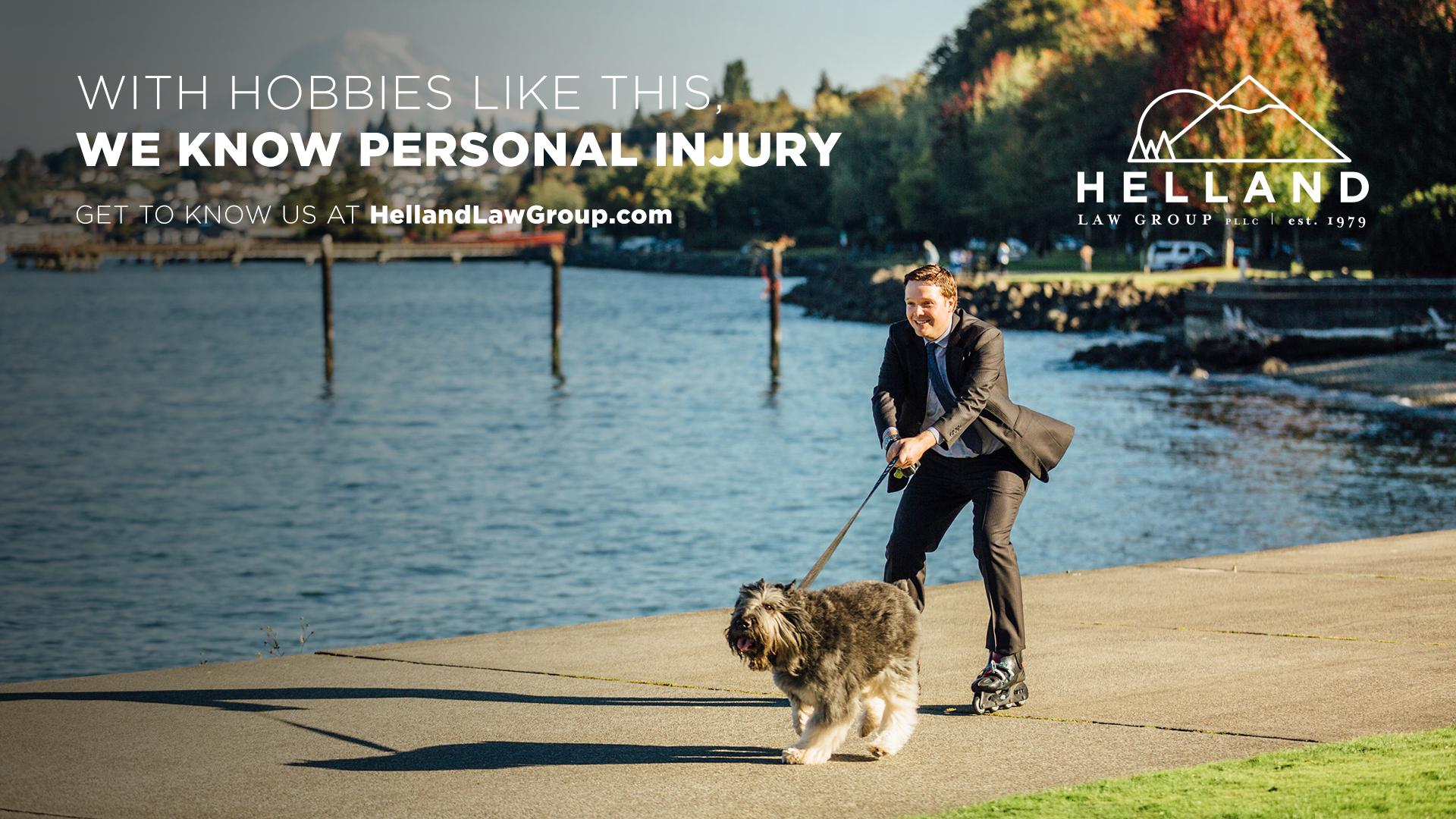 A dog on a leash pulls a lawyer on rollerblades down a sidewalk. The ad says 